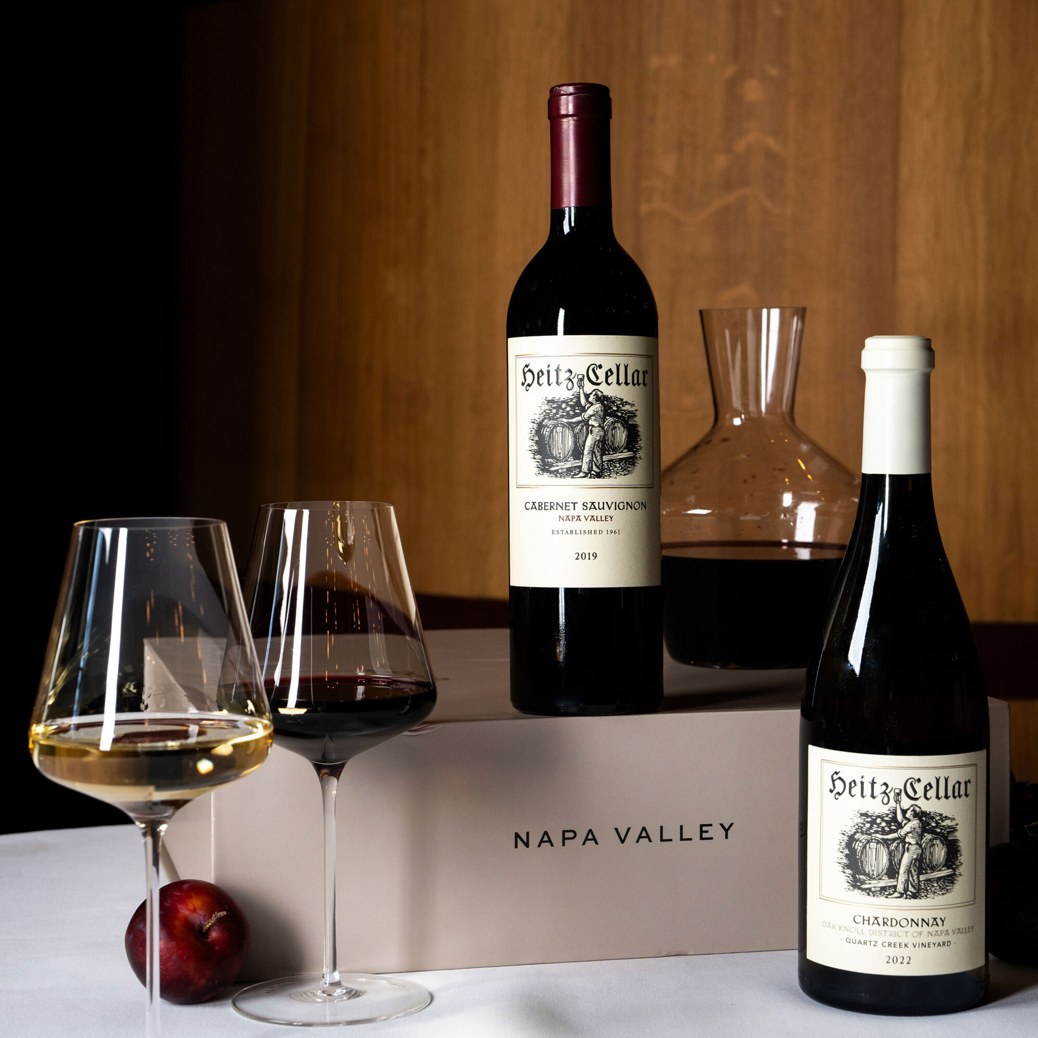 Heitz Cellar A Napa Valley Duo: A bottle of 2022 Quartz Creek Vineyard Chardonnay and 2019 Napa Valley Cabernet Sauvignon